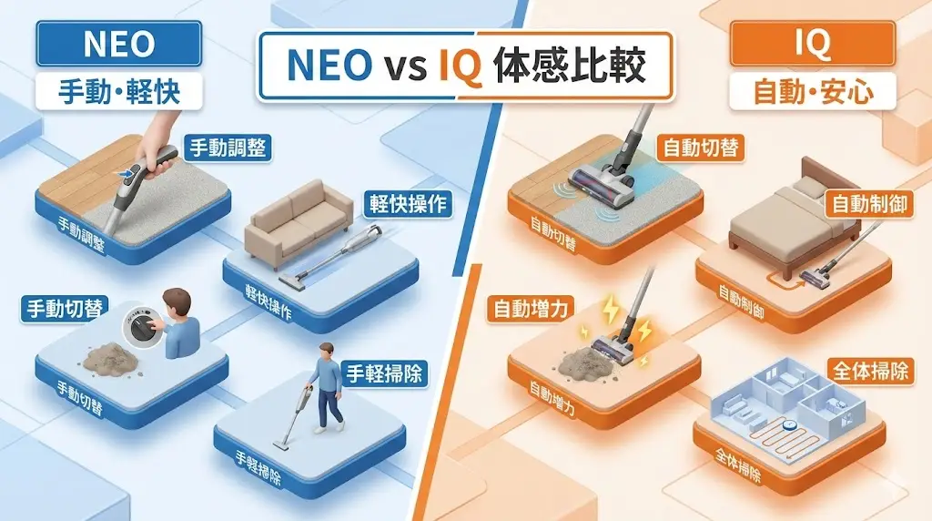 Sharkのコードレス掃除機を調べていると、必ず候補に上がるのが「EVOPOWER SYSTEM NEO」と「IQ」。