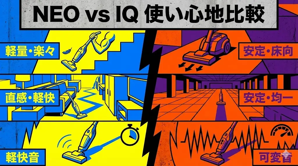 掃除機選びで見落とされがちですが、実は満足度に直結しやすいのが「毎回の使い心地」です。
ここでは、NEOとIQの重さ・操作感・運転音に注目して比較します。