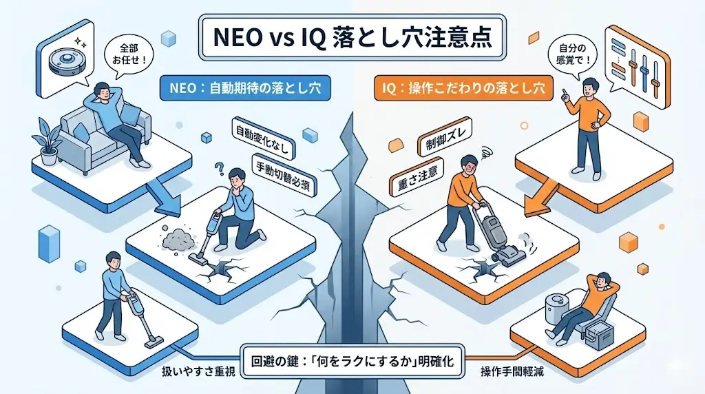 NEOもIQも評価の高いモデルですが、「合わない人が選ぶと不満が出やすいポイント」がそれぞれあります。