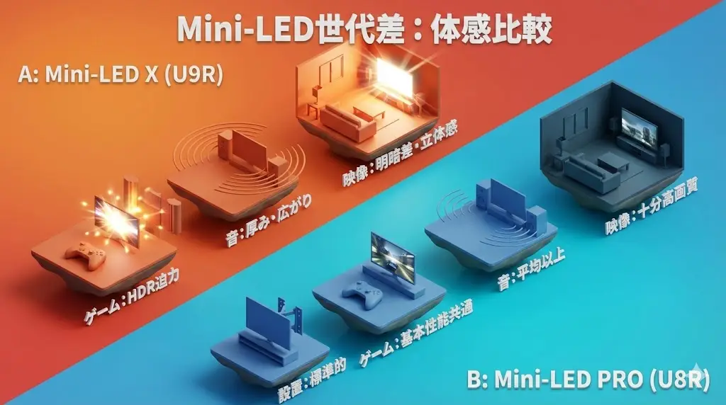 65U9Rと65U8Rの最大の違いは、搭載されているMini-LEDの世代です。 65U9RはMini-LED X、65U8RはMini-LED PROを採用しています。