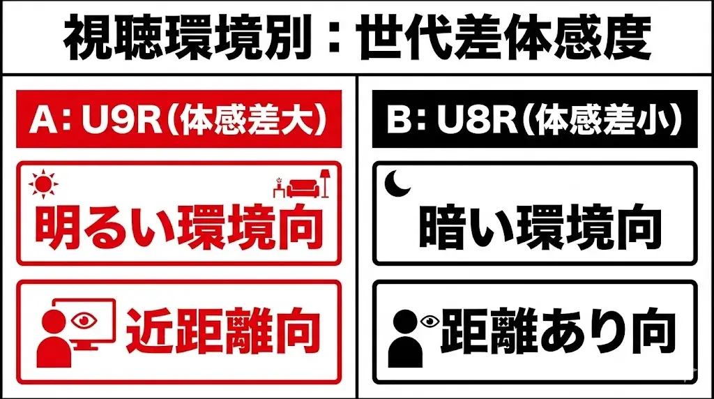 Mini-LEDの世代差は、テレビそのものの性能差というより、 「どんな環境で、どう見るか」によって体感度が大きく変わります。

ここを理解しておかないと、65U9Rを選んでも「思ったほど差を感じない」、 逆に65U8Rを選んで「やっぱり上位にしておけばよかった」と後悔しやすくなります。