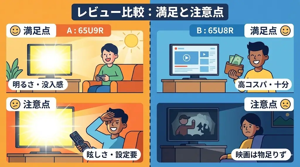 カタログスペックだけでなく、実際に使っている人の声を見ると、 65U9Rと65U8Rの評価傾向にははっきりした違いがあります。