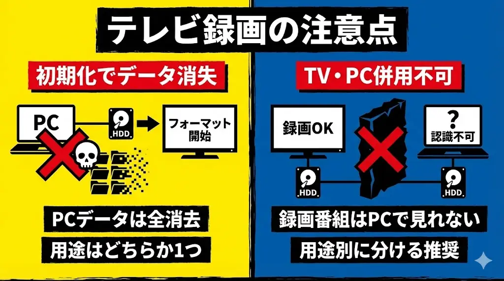 HD-SGDA4U3-B/NA、HD-SGDA4U3-B はどちらもテレビ録画に対応していますが、 事前に知っておかないと後悔しやすい注意点があります。