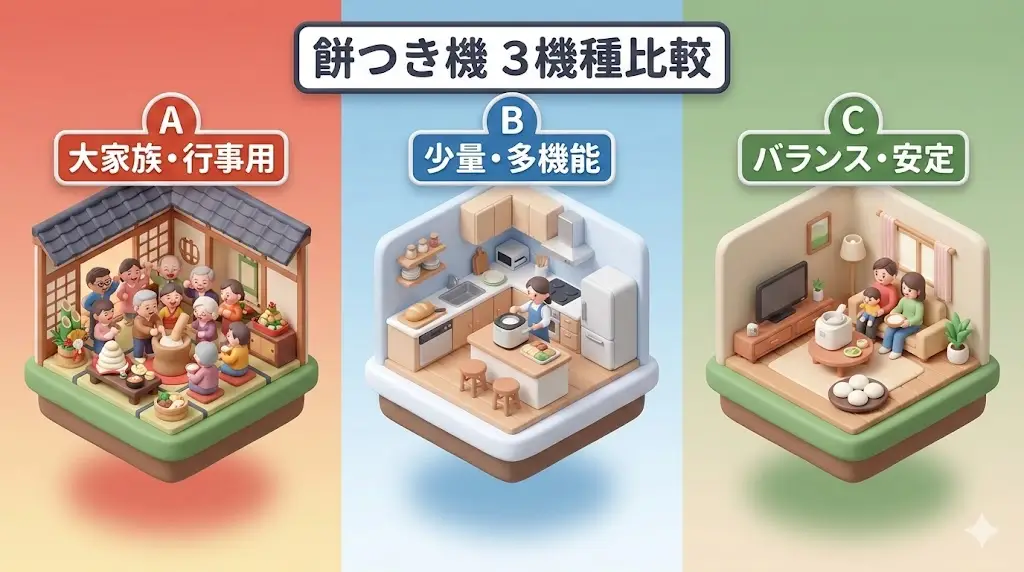 象印 BS-ED10：一度にたくさん作りたい・正月や行事メインの家庭向け
東芝 PFC-M116：少量でも使いたい・餅以外にも頻繁に使いたい家庭向け
タイガー SMJ-B181：クセが少なく、失敗しにくいバランス重視の家庭向け