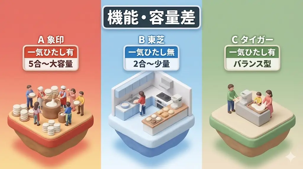 象印BS-ED10とタイガーSMJ-B181にはこの機能がありますが、東芝PFC-M116には搭載されていません。