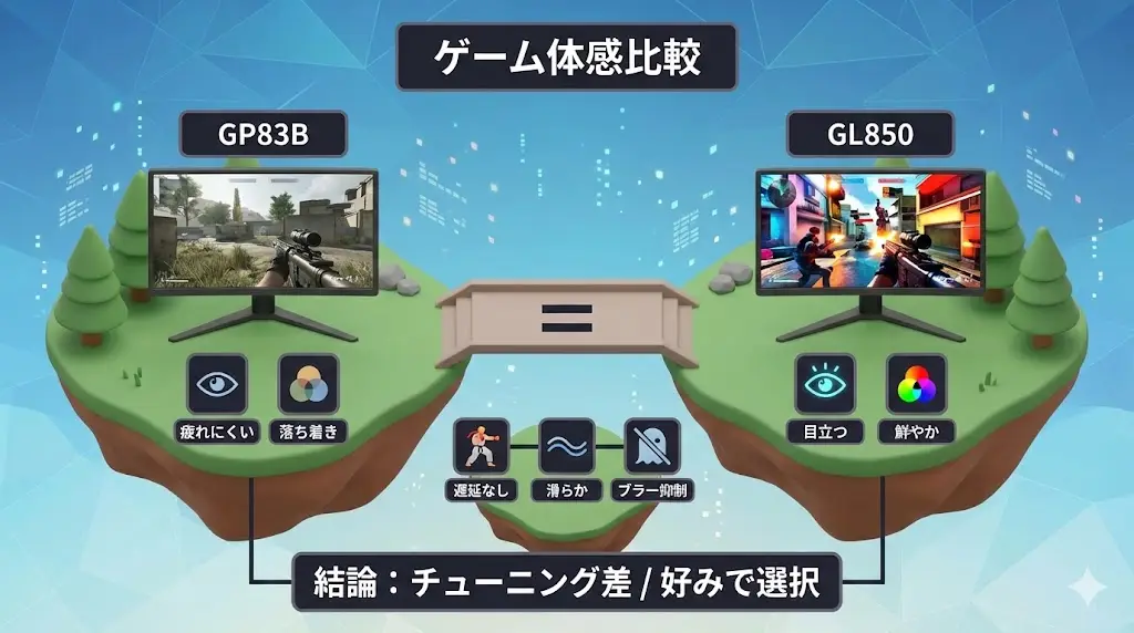 ここからは、LG 27GP83B-BとLG 27GL850-Bを使ったときに、ゲーム中でどのような違いを感じやすいのかを解説します。