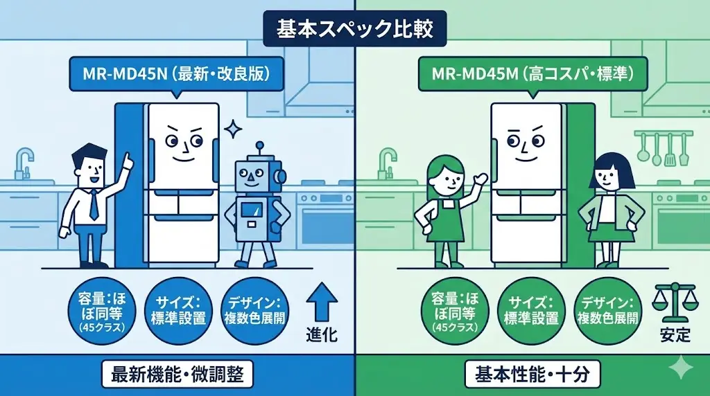 ここでは、MR-MD45NとMR-MD45Mの基本スペックを客観的に整理します。 「違いがある・ない」を感覚で判断するのではなく、まずは事実ベースで確認しておきましょう。