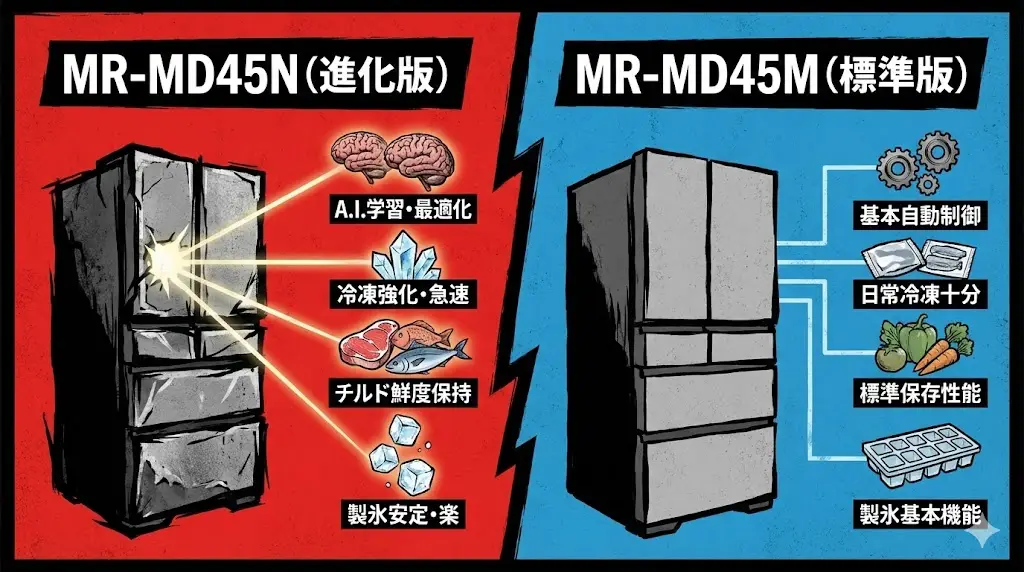 ここからは、MR-MD45NとMR-MD45Mで実際に満足度の差が出やすい機能を見ていきます。 カタログ上の違いではなく、「使うか・使わないか」という視点で確認することが重要です。