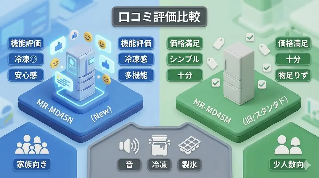 ここでは、カタログやスペックでは分からない、 実際に使っている人の評価をもとに、MR-MD45NとMR-MD45Mの傾向を整理します。