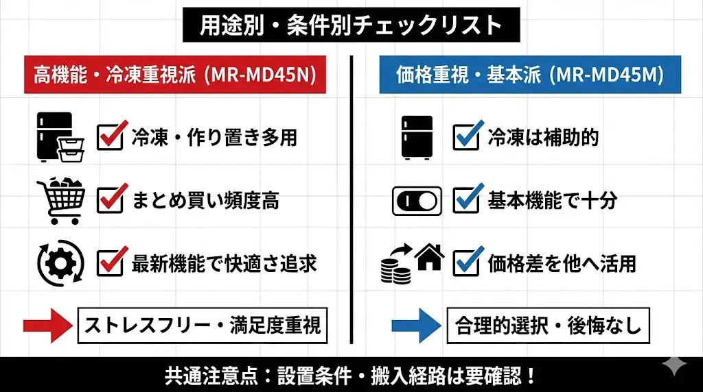 逆に、冷凍庫を補助的にしか使わないなら、 MR-MD45Mでも不満は出にくいです。