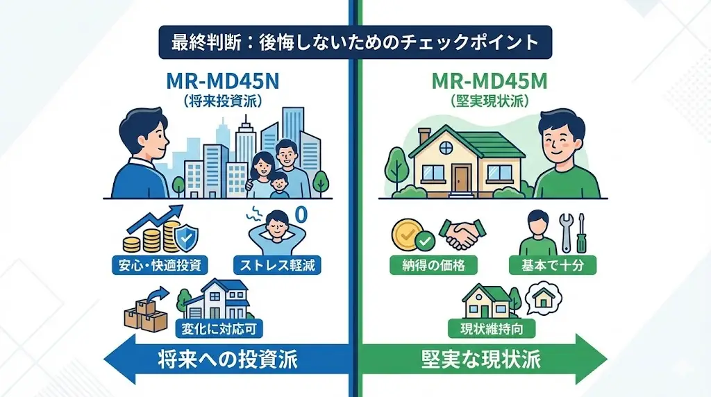 価格差に見合う価値はある？

MR-MD45NとMR-MD45Mで迷う最大の理由は、やはり価格差です。