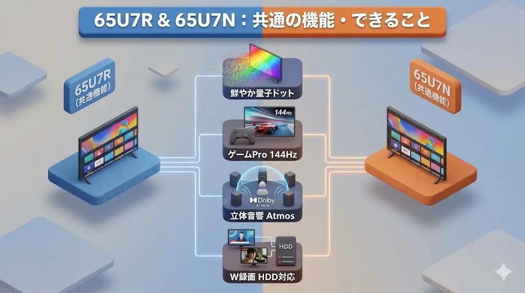 65U7Rと65U7Nには違いがある一方で、どちらを選んでも共通して使える便利な機能も多くあります。ここでは「このクラスのテレビとして安心できるポイント」をまとめて確認しておきましょう。