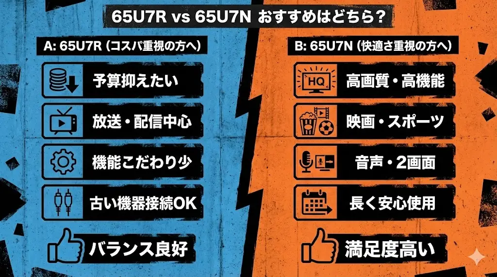 65U7Rと65U7Nはどちらも完成度の高いテレビですが、向いている人は少し異なります。ここでは使い方別におすすめを整理します。