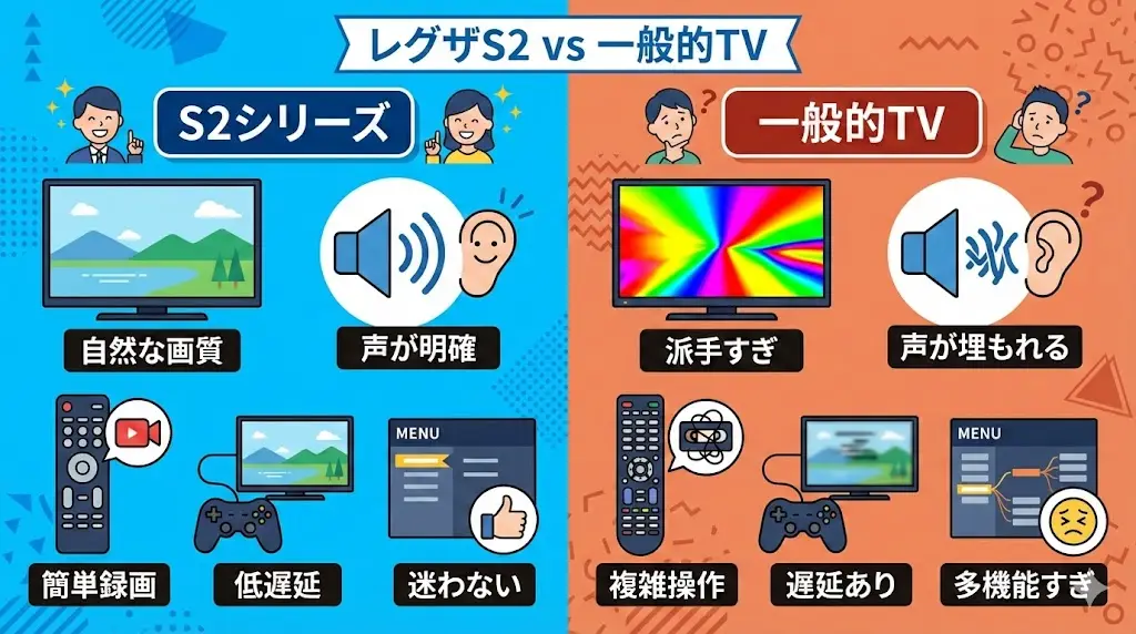 レグザ S2シリーズは、必要な機能をしっかり押さえつつ、操作の分かりやすさと画質の安定感を重視したテレビです。ここでは、日常使いで「これは便利」「これは見やすい」と感じやすいポイントを中心に見ていきます。