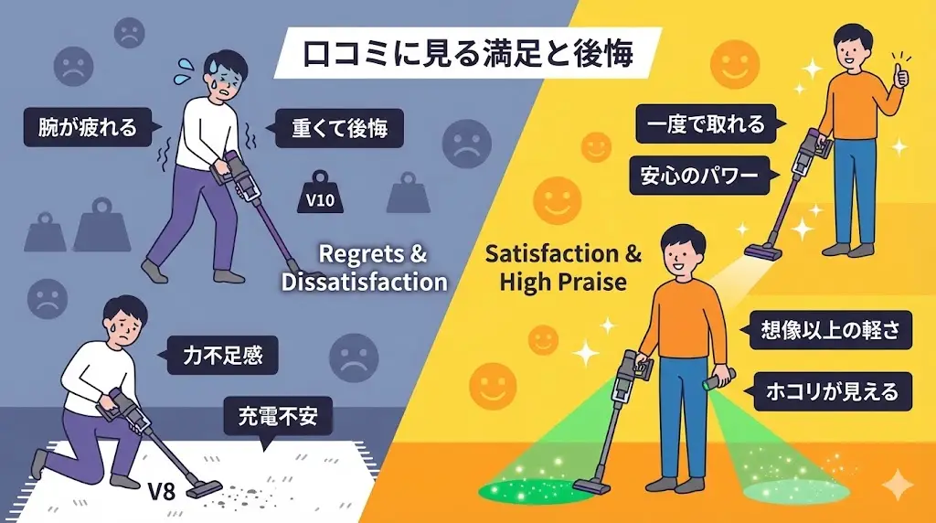 Dysonのコードレス掃除機は、最大吸引力の数値だけで比較すると違いが分かりにくい製品です。 実際の使い心地は、 吸引力の使われ方・重心バランス・制御方式 によって大きく変わります。