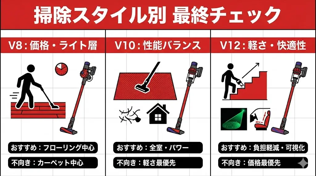 Dysonのコードレス掃除機は、 「どれが一番性能が高いか」ではなく「誰に合うか」で選ぶ製品です。 ここでは、掃除スタイル別に V8・V10・V12の向き／不向きを整理します。