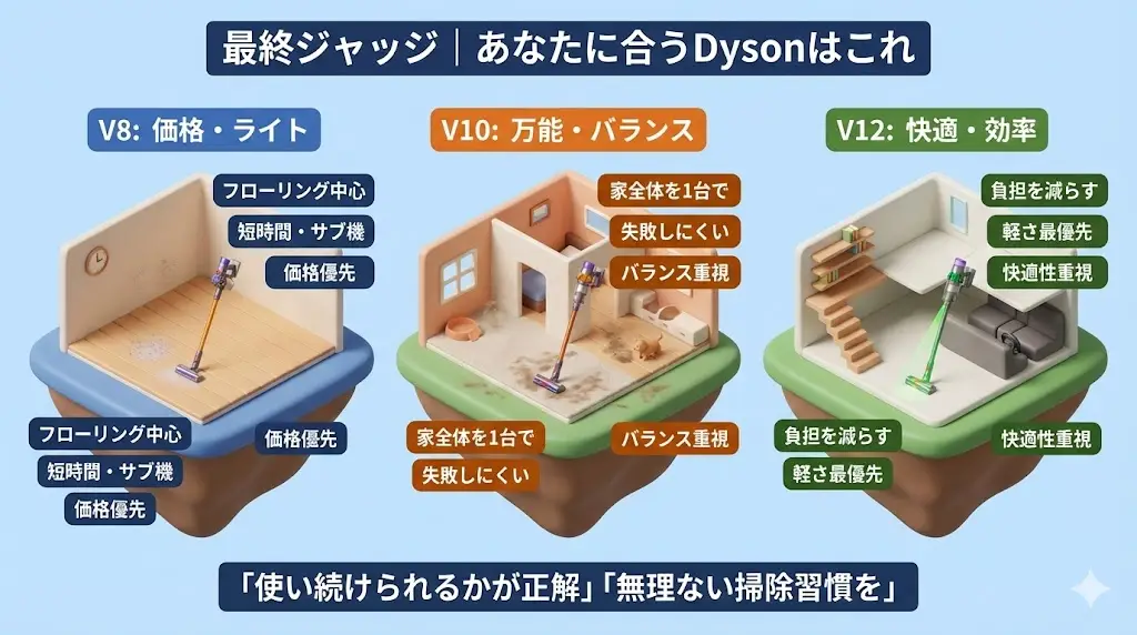 Dyson V8・V10・V12は、単純に「新しい＝正解」「高い＝正解」ではありません。 満足度を分けるのは、 あなたの掃除スタイルに合っているかどうかです。