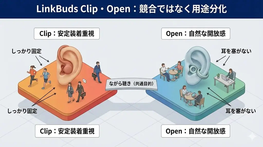 LinkBuds ClipとOpenは「競合」ではなく「用途分化」モデル
