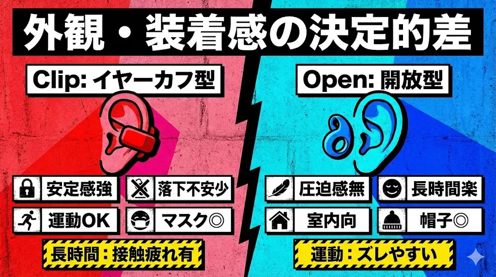 LinkBuds ClipとLinkBuds Openの違いが最も分かりやすく出るのが、外観と装着感です。