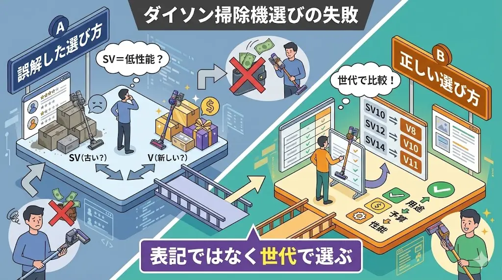 ダイソン掃除機選びで多い失敗が、SVとVをまったく別のシリーズだと思い込んでしまうことです。
