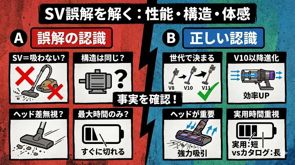 ダイソンの吸引力は、SV表記かV表記かではなく、V8・V10・V11といった世代差で決まります。