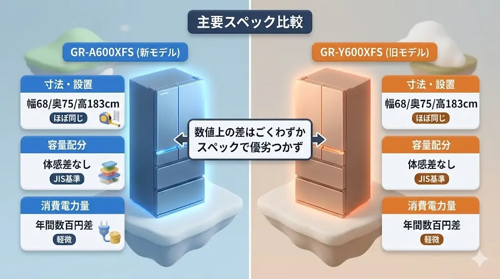 GR-A600XFSとGR-Y600XFSの 主要スペックを整理します。