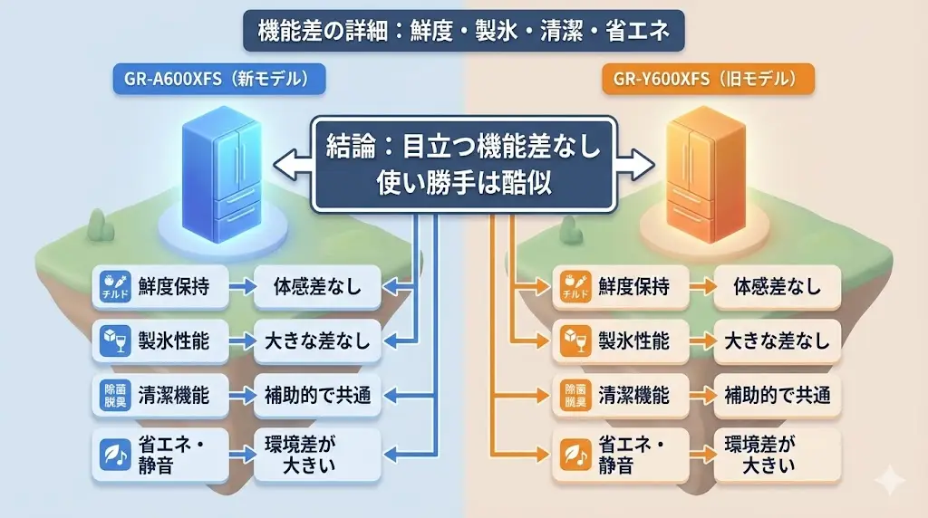 機能差の詳細｜鮮度・製氷・清潔・省エネ性能