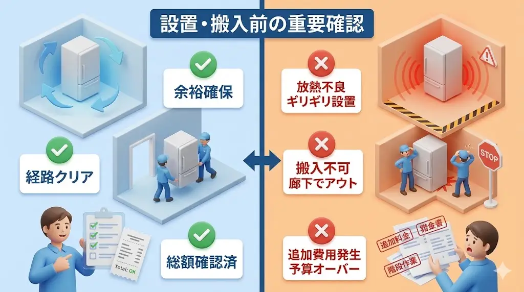 GR-A600XFS・GR-Y600XFSはサイズも重量も大きいため、 購入前に以下のポイントを必ずチェックしておきましょう。