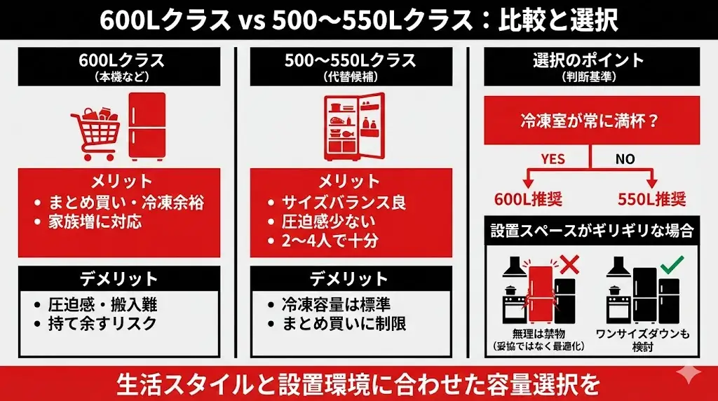 GR-A600XFS・GR-Y600XFSを検討している人の中には、 「本当に600Lも必要なのか？」と迷っている方も多いはずです。