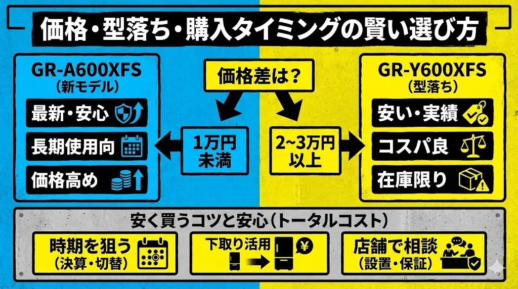 GR-A600XFSとGR-Y600XFSで迷う最大の要因が、 「価格差が分かりにくい」という点です。