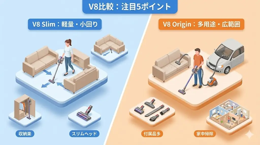 V8 SlimとV8 Originの違いが一目でわかる比較ポイント