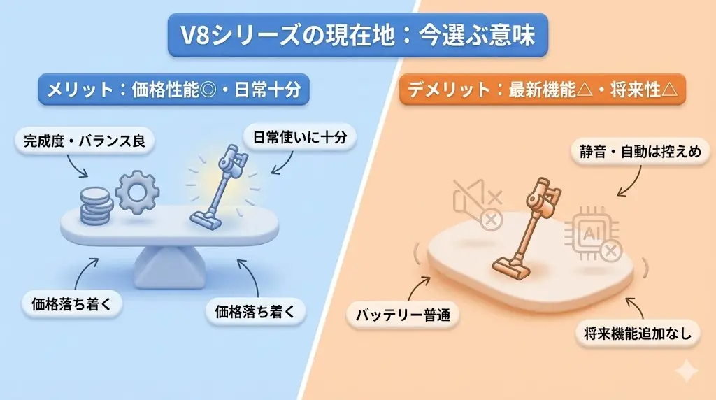 ここまでV8 SlimとV8 Originを比較してきましたが、 「そもそも今、V8を選ぶのはどうなの？」と感じている方もいるかもしれません。