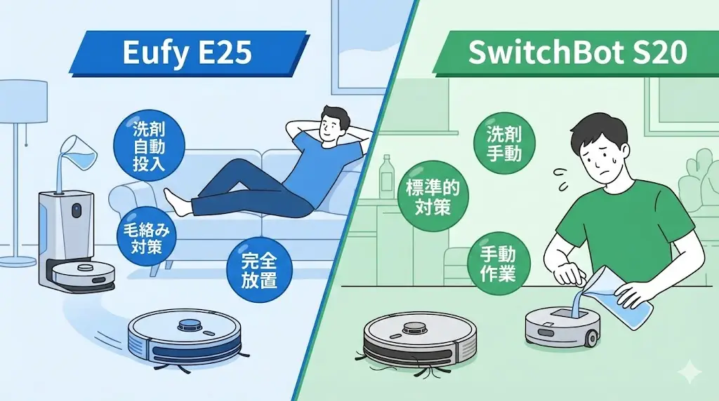 Eufy E25とSwitchBot S20を「どこまで人の手が必要か」という視点で比較します。