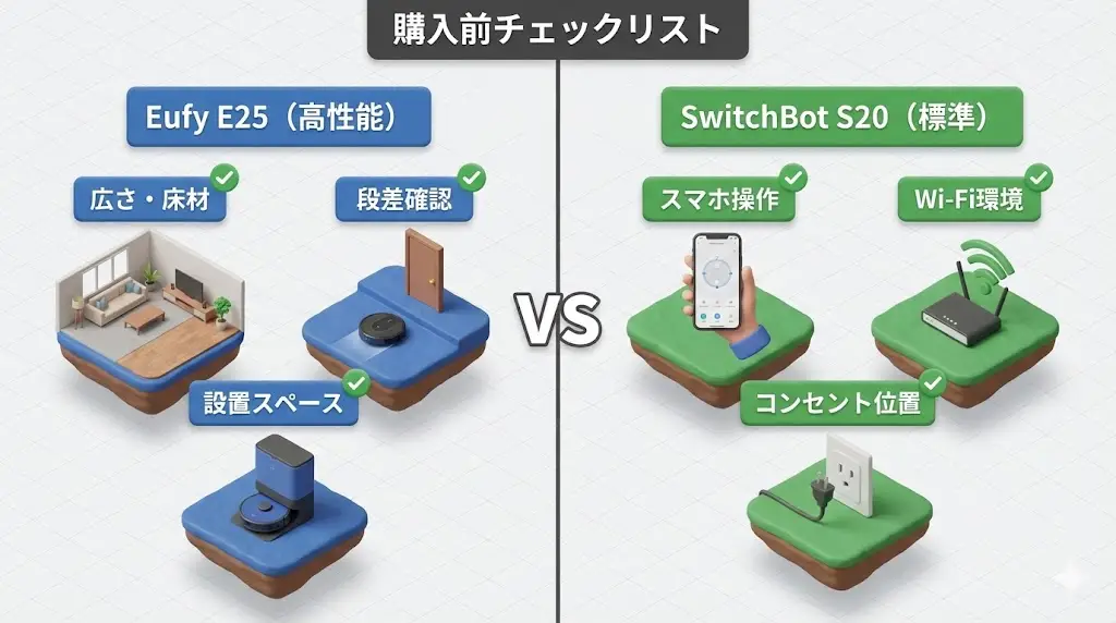 Eufy E25・SwitchBot S20ともに、
スケジュール設定や自動運転に対応しているため、意識せずに毎日掃除する使い方が可能です。