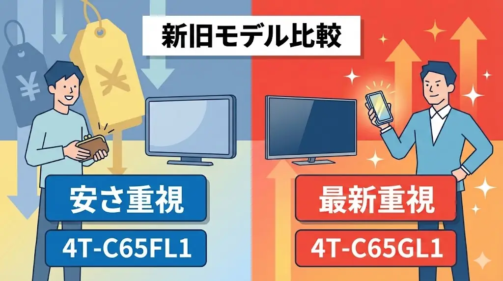 基本性能は大きく変わらないため、価格重視なら型落ち4T-C65FL1、新しさ重視なら4T-C65GL1という選び方がおすすめです。