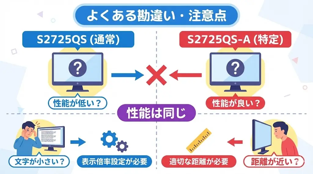 S2725QSとS2725QS-Aを検討している方の中には、型番の違いから誤解しやすいポイントがあります。