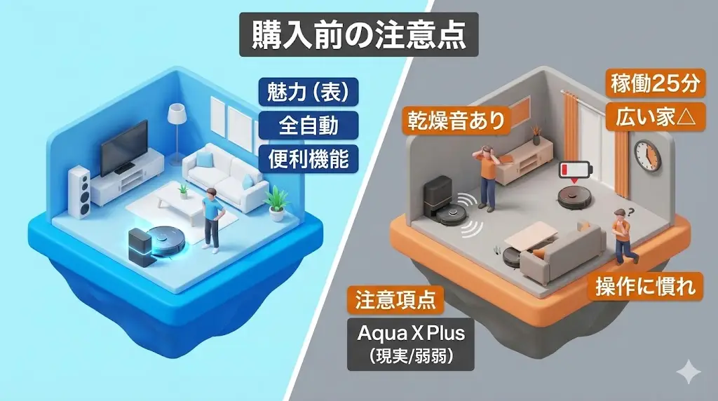アクアエックスプラスのメリットを中心に解説してきましたが、 どんな家電にも向き・不向きはあります。