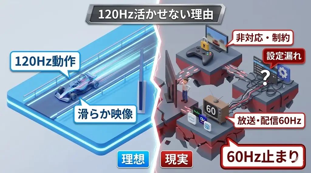 120Hz対応テレビは魅力的に見えますが、実際には性能を十分に使えていない人も少なくありません。その理由は、テレビ側の問題というより、使い方や環境にあることが多いです。
