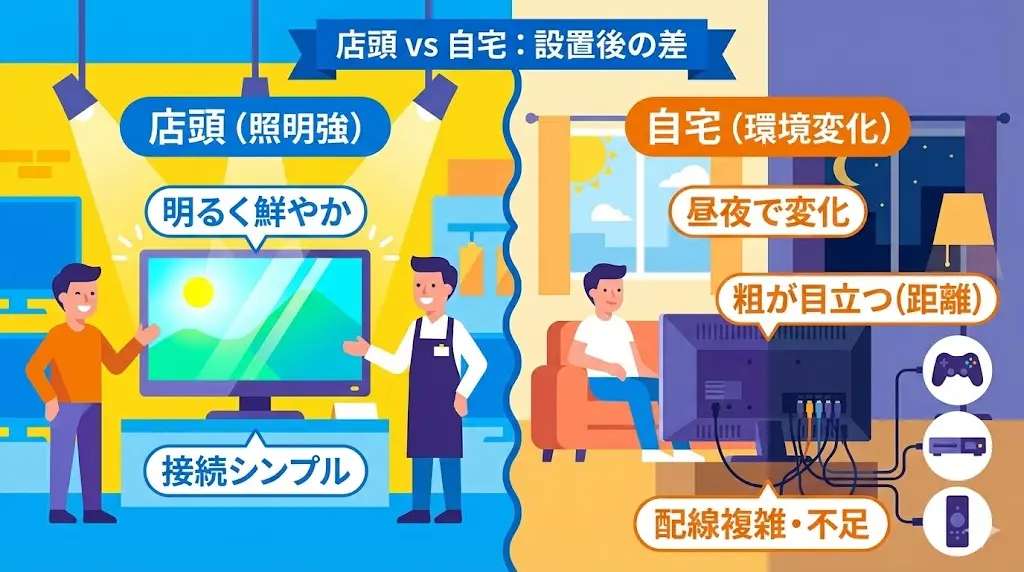 テレビ選びで意外と見落とされがちなのが、店頭では問題なく見えたのに、自宅に置いたら印象が変わったというケースです。これは不良品ではなく、視聴環境の違いによるものがほとんどです。