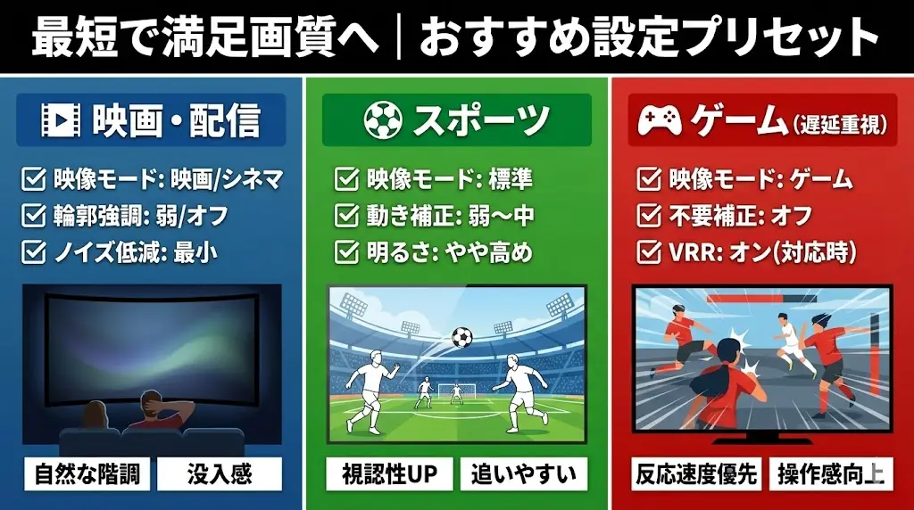 細かい画質調整を突き詰める必要はありませんが、初期設定のまま使い続けるのは正直もったいないのも事実です。ここでは、「まずここだけ押さえれば失敗しにくい」という入口としての設定イメージを整理します。

目的は、クセを減らして自然な映像に近づけることです。