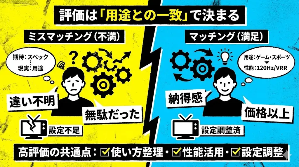 このクラスのテレビで評価が割れやすい最大の理由は、性能の良し悪しではなく、用途とのミスマッチです。