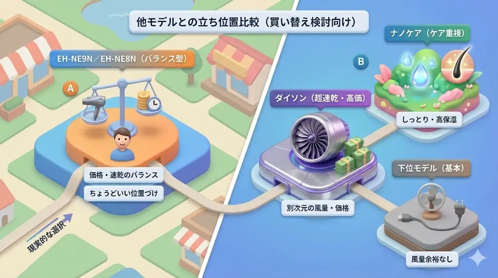 EH-NE9NとEH-NE8Nを検討している人の中には、「他の有名ドライヤーと比べるとどうなの？」と気になる人も多いはずです。