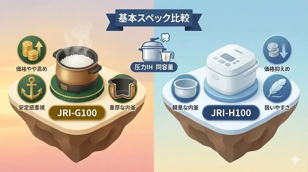 JRI-G100とJRI-H100の基本スペックを比較