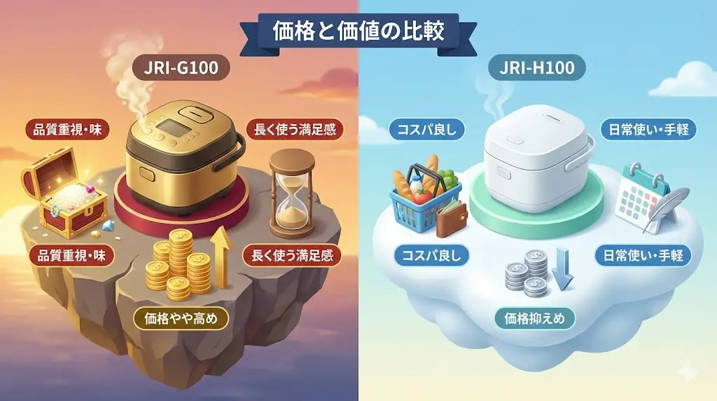 JRI-G100とJRI-H100を比べたとき、多くの方が気になるのが価格差です。「この差は本当に必要？」と感じるのは自然なことだと思います。