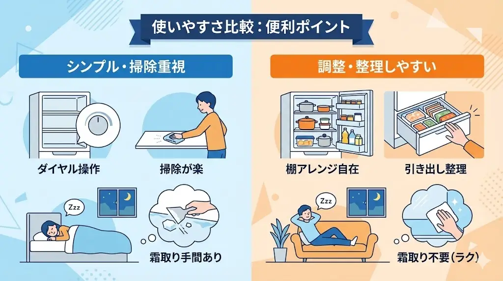 JR-HS15A：シンプルな棚構造で無駄が少ない
JR-SY15AR：棚の高さ調整がしやすく、収納アレンジがしやすい