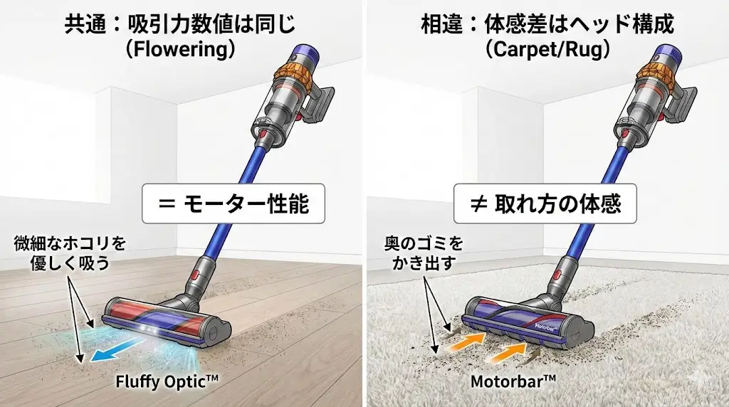 SV46 ABLにはMotorbar™クリーナーヘッドが付属していますが、SV46 FFには基本的に付属しません。 Motorbar™は、カーペットの奥に入り込んだゴミをかき出す力に優れています。