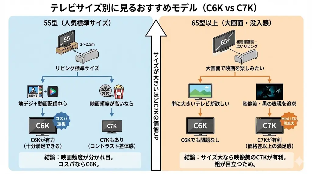 C6Kでも十分満足できる可能性が高いです。

ただし映画をよく観るなら、55型でもC7Kのコントラスト差は体感できます。