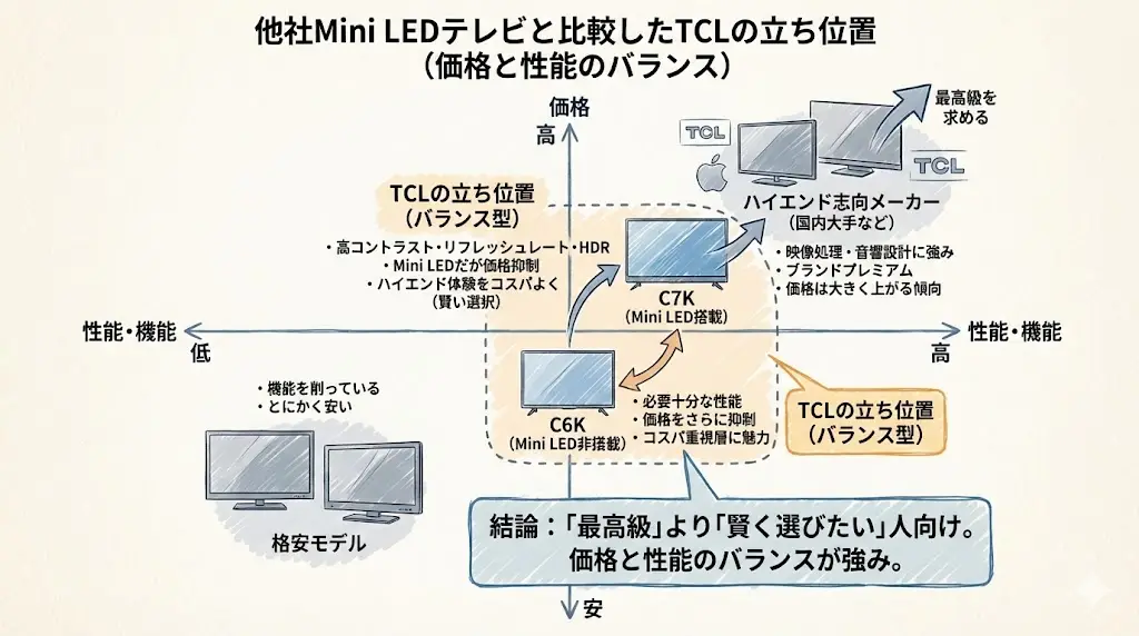国内大手メーカーのMini LEDモデルは、映像処理エンジンや音響設計に強みがあります。

その分、価格は大きく上がる傾向があります。