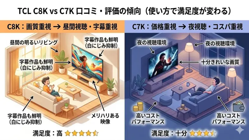 TCL C8KとC7Kの評価を見ていると、使い方によって満足度が大きく変わるという特徴があります。

どちらのモデルもMiniLEDテレビとしての評価は高いですが、実際の口コミを整理すると次のような傾向が見られます。