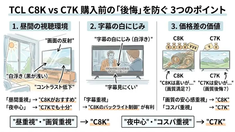 TCL C8KとC7Kはどちらも人気のMiniLEDテレビですが、購入後の口コミを見ると「思っていたのと違った」と感じるポイントがいくつかあります。